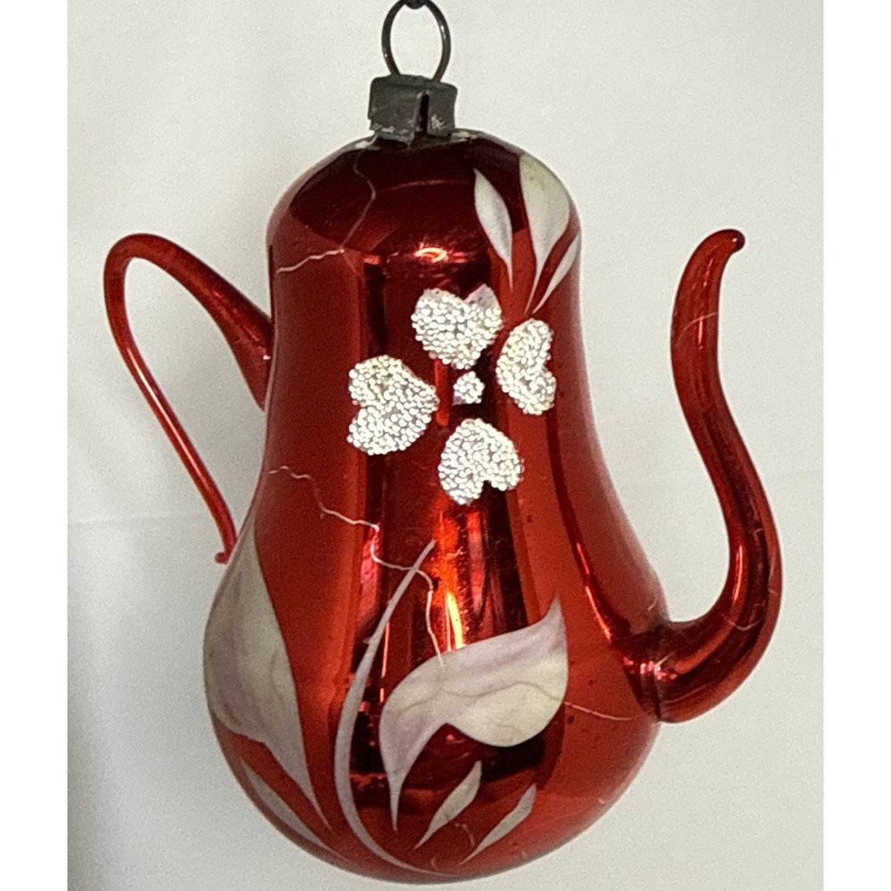 Vtg RED Blown Glass Christmas TEAPOT Mica Accented Ornament Germany #2623